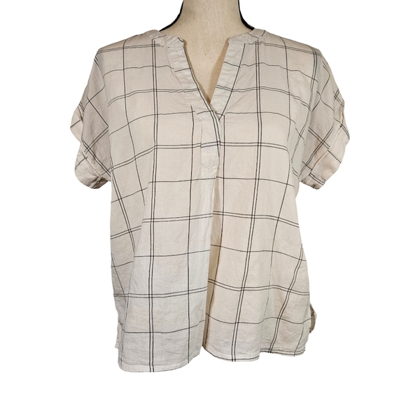 Blu Pepper Linen Style Short Sleeve Blouse, Ivory With Black Stripes, Small - Picture 1 of 11